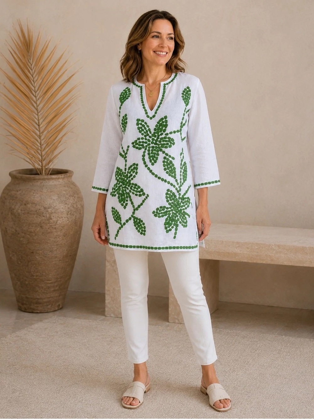 Tory Burch White Tunic with Green Floral Embroidery NWOT